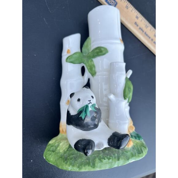 Bone China Panda Bear Bamboo Trees Lucky Bamboo Vase Three Hole Planter Vase VTG - Picture 5 of 13